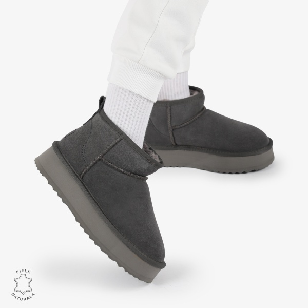 CIZME TIP UG DAMA SCURTE din PIELE NATURALA INTOARSA CRL1267 CULOARE: GRI INCHIS - Img 2