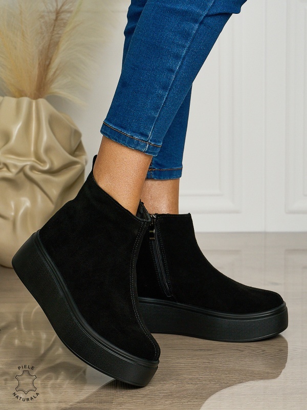 Ghete casual din piele naturală suede cu talpa solida cu fermoar CRL1511 NEGRUS - Img 2