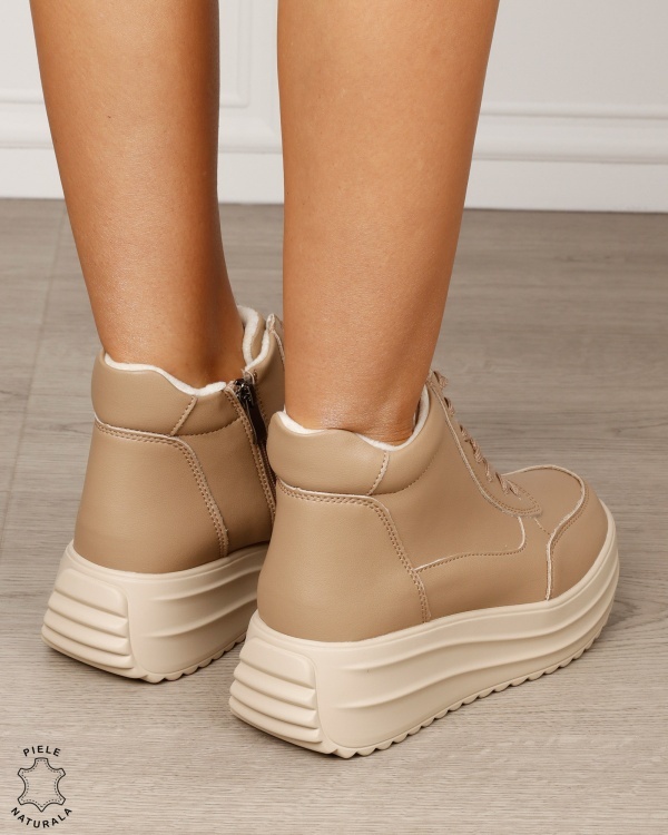 Ghete damă din piele naturală cu șiret și fermoar lateral CRL1891 KHAKI - Img 3