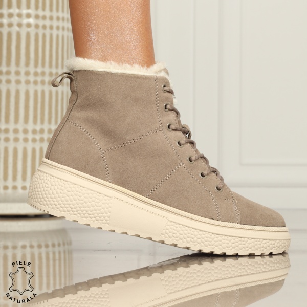 Ghete Dama IMBLANITE piele naturala INTOARSA cu talpă groasă CRL1448 KHAKI - Img 2