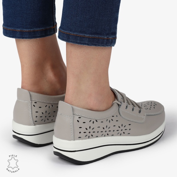 Mocasini dama din Piele Naturala Perforati CRL1364 GRI - Img 3