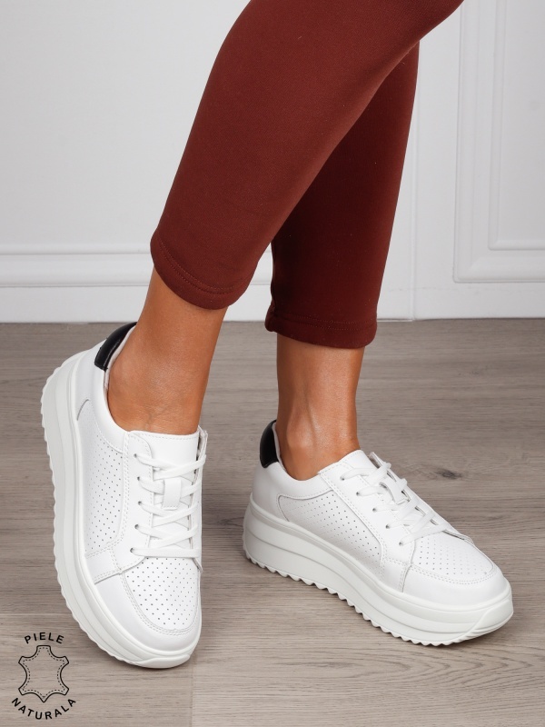 Pantofi Casual damă din piele naturală confortabile CRL1572 ALB CU NEGRU - Img 2