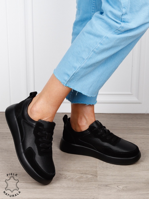 Pantofi casual dama din piele naturală cu finisaj premium CRL1823 NEGRU - Img 2