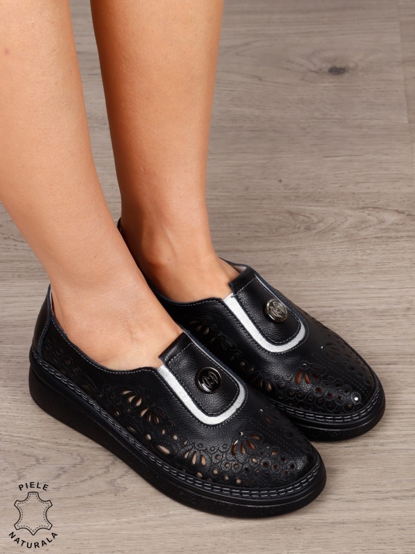 Pantofi Casual dama din Piele naturala cu model Perforat CRL1600 Negru - Img 2