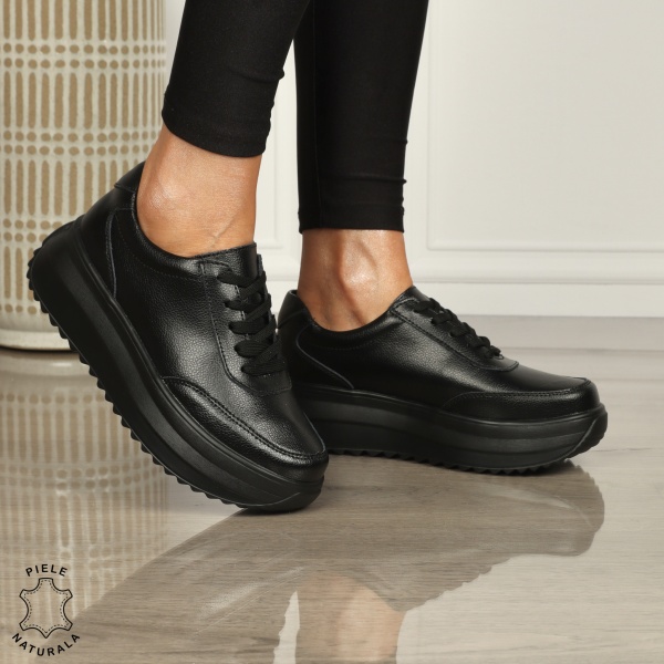 Pantofi casual dama din piele naturala cu șiret comozi și versatili CRL1444 NEGRU - Img 2