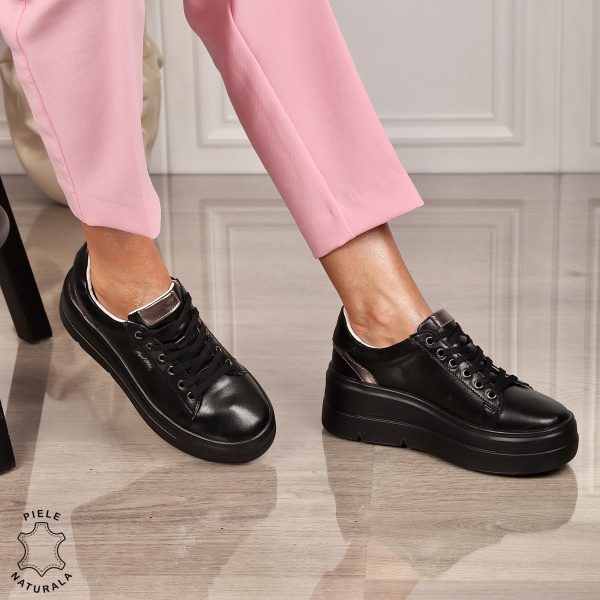 Pantofi CASUAL damă din piele naturală CU SIRET CRL1453 NEGRU - Img 2