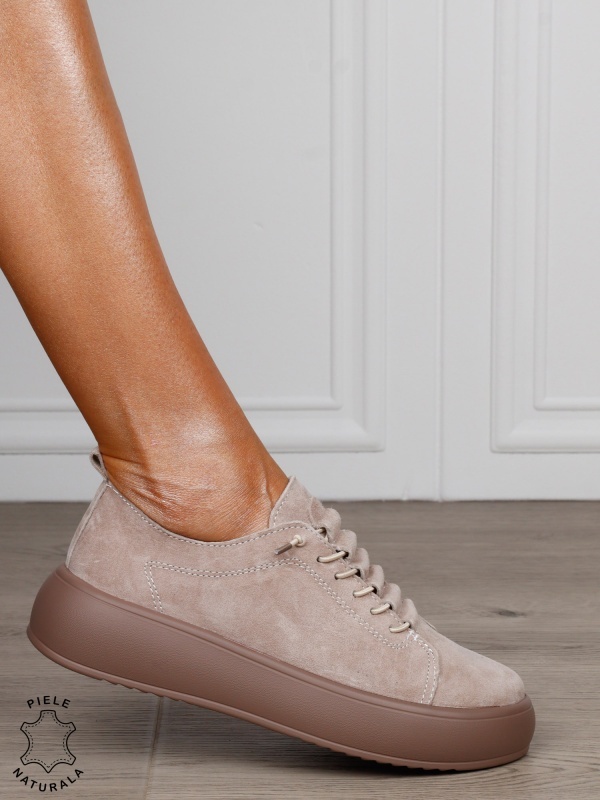 Pantofi Casual dama din Piele Naturala cu siret special CRL1550 BEJ - Img 2