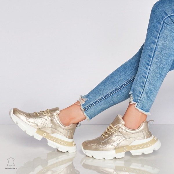 Pantofi Casual dama din Piele naturala cu talpa groasa CRL0046 AURIU - Img 3