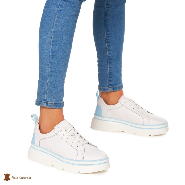 Pantofi Casual dama din Piele naturala cu talpa groasa CRL0054 ALB CU ALBASTRU - Img 2