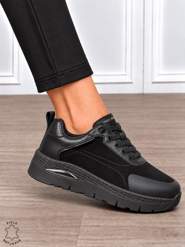 Pantofi casual damă din piele naturală întoarsă cu finisaj catifelat CRL1914 NEGRU - Img 2