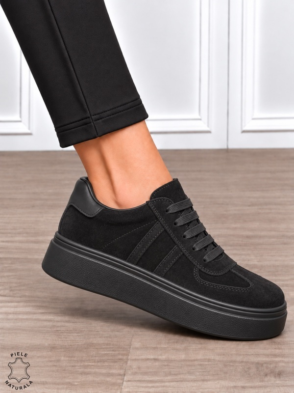 Pantofi casual damă din piele naturală întoarsă cu model lateral CRL1918 NEGRU - Img 2