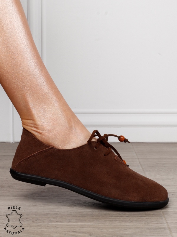 Pantofi Casual Damă din Piele Naturală Întoarsă cu Șiret și Design Minimalist CRL1274 CAFENIU - Img 3