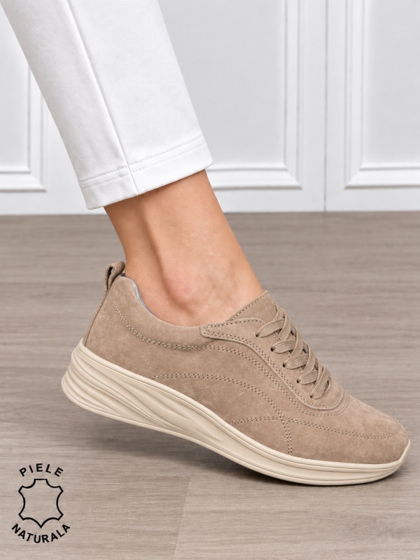 Pantofi casual damă din piele naturală intoarsa cu stil clasic CRL1898 KHAKI - Img 2