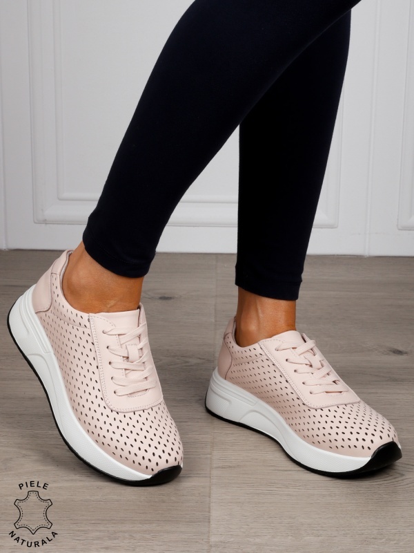 Pantofi Casual dama din Piele Naturala mici perforati CRL1541 ROZ - Img 2