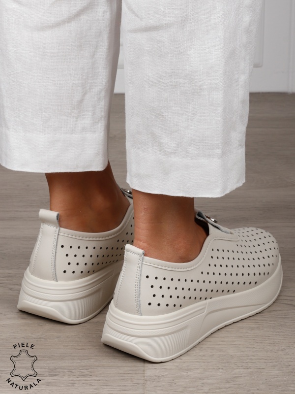 Pantofi Casual dama din Piele Naturala mici perforati CRL1542 BEJ - Img 3