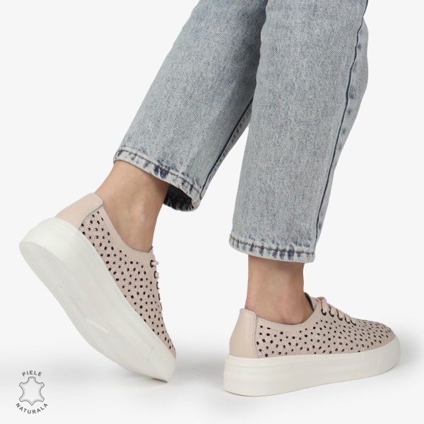 Pantofi Casual dama din Piele naturala PERFORAT USORI CU SIRET CRL1341 ROZ - Img 2