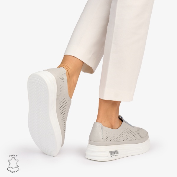 Pantofi Casual dama din Piele Naturala Perforata cu elastic frontal CRL1068 CULOARE: GRI - Img 4