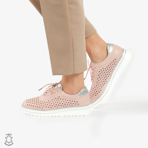 Pantofi Casual dama din piele naturala Perforati CRL0782 ROZ - Img 2