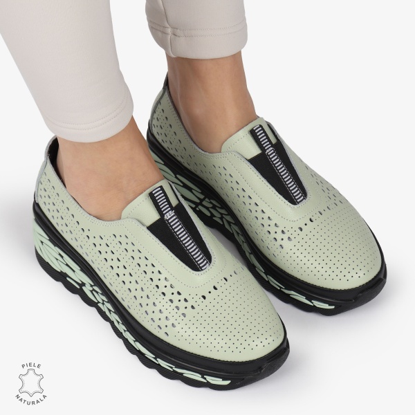 Pantofi Casual dama PERFORATI din Piele naturala CU DESIGN PE TALPA SLIP-ON CRL1338 VERDE - Img 2