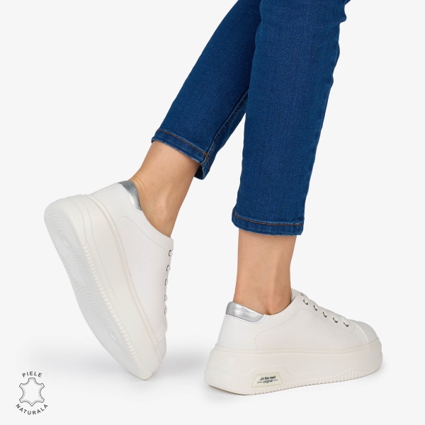 PANTOFI CASUAL Dama Piele Naturala CRL1054 Culoare: ALB CU ARGINTIU - Img 4