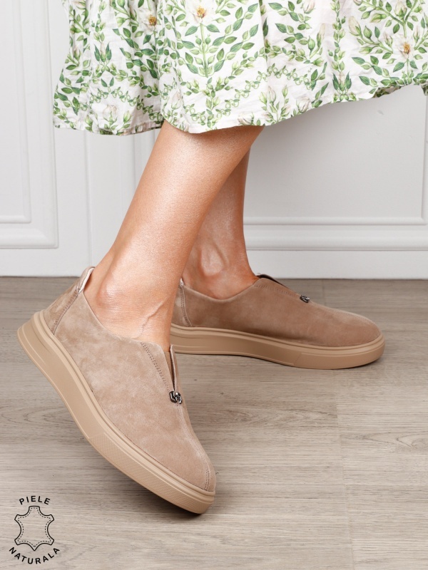 Pantofi casual dama slip-on din piele naturală intoarsa cu aspect modern CRL1817 KHAKI - Img 2