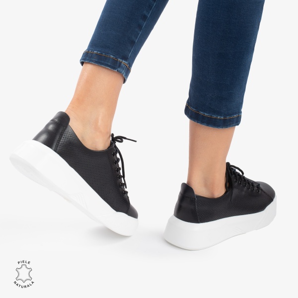 Pantofi Casual de dama din Piele Naturala CRL0572 Alb cu Negru - Img 3