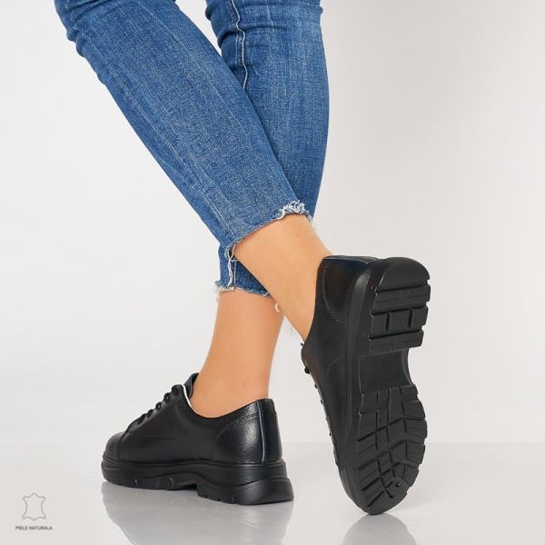 Pantofi casual de dama din piele naturala cu talpa aderenta CRL0010 Negru - Img 3