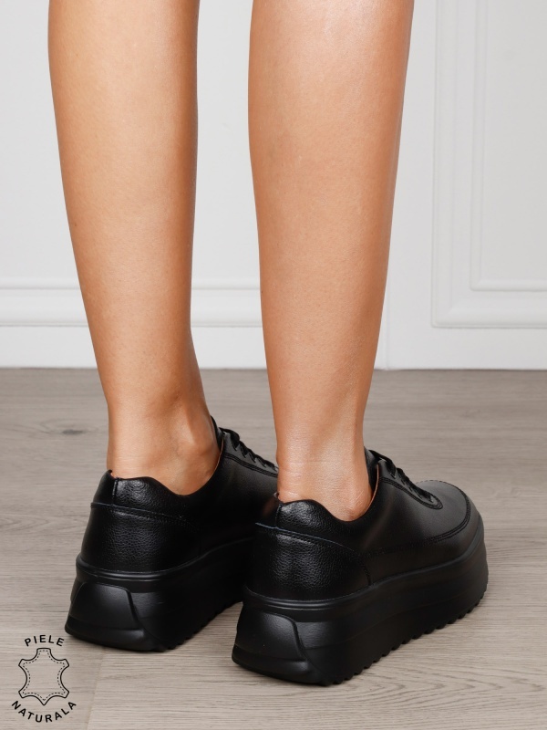 Pantofi Casual de dama din Piele Naturala cu talpa Inalta CRL1201 NEGRU - Img 3