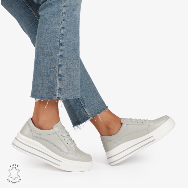 Pantofi Casual de dama din Piele Naturala cu talpa inalta si Dungi CRL1203 GRI - Img 2