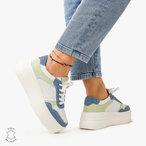 Pantofi Casual de dama din Piele Naturala Multicolor CRL1096 ALB CU ALBASTRU - Img 3