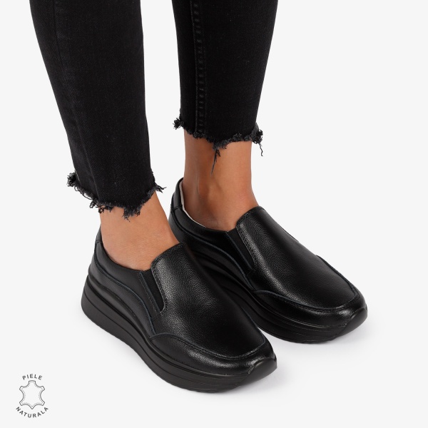 Pantofi Casual de dama din Piele Naturala Slip-On CRL1204 NEGRU - Img 2