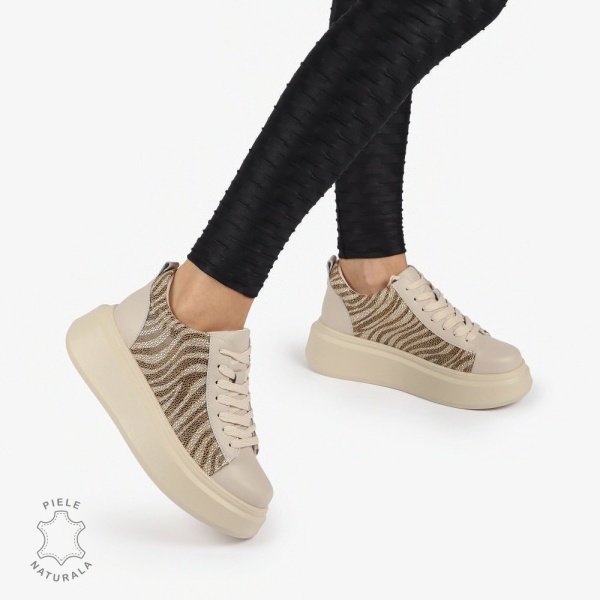 Pantofi casual piele naturala cu Imprimeu Leopard CRL1305 BEJ - Img 2