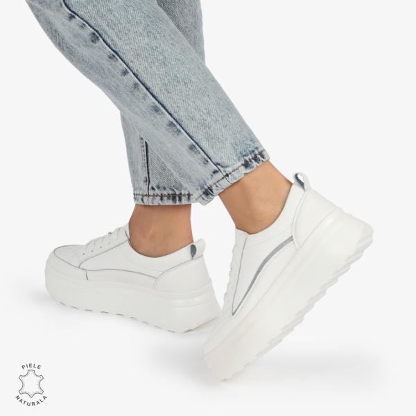 Pantofi CASUAL PIELE NATURALA dunga decorativa cu talpa inalta CRL1261 White - Img 4