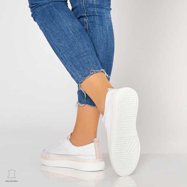 Pantofi casual trendy de dama din piele naturala Multicolor CRL0007 Alb - Img 3