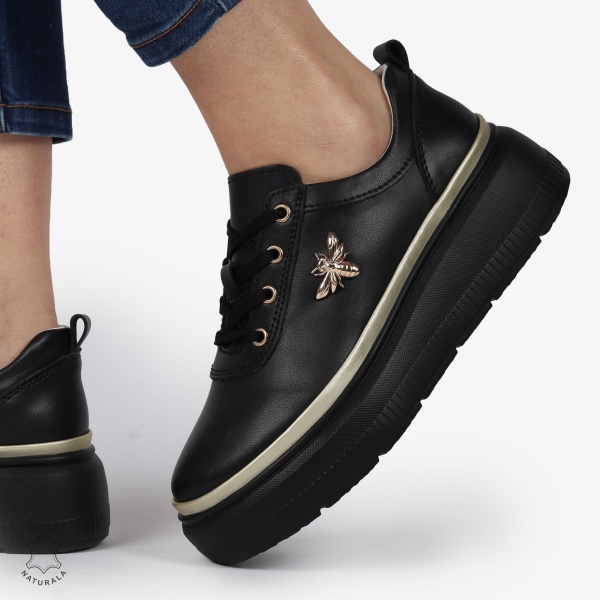 Pantofi DAMA CASUAL din piele naturală CU DETALIU FLUTURE CRL1376 NEGRU - Img 2