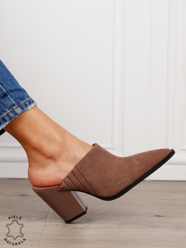 Pantofi dama eleganti cu toc gros si varf ascutit din piele naturala intoarsa CRL1609 KHAKI - Img 2