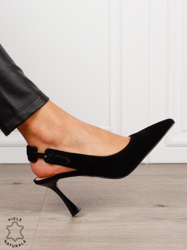 Pantofi dama eleganti cu toc subtire si varf ascutit din piele naturala intoarsa CRL1610 NEGRU - Img 2