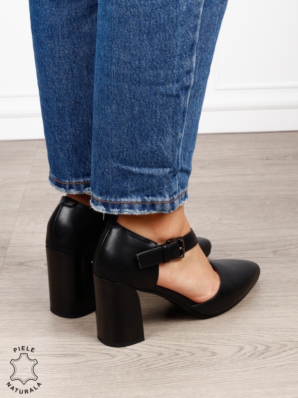 Pantofi dama eleganti din piele naturala cu bareta si toc gros CRL1634 Negru - Img 3