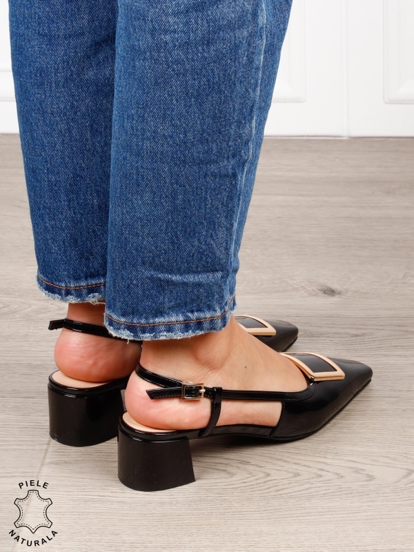 Pantofi dama eleganti din piele naturala cu toc gros mic CRL1615 Negru - Img 4