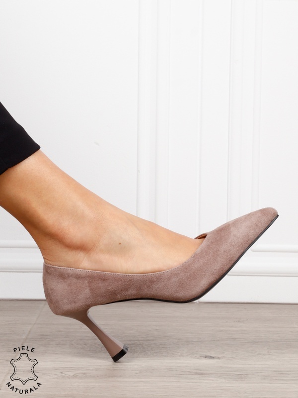 Pantofi dama eleganti din piele naturala Intoarsa cu toc Special CRL1623 KHAKI - Img 3