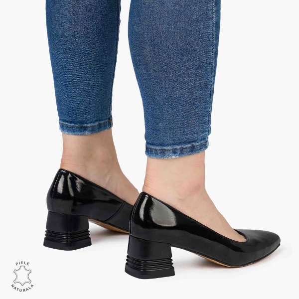 Pantofi Eleganți dama din Piele Naturala LACUITA CU TOC MIC CRL0982 NEGRU - Img 3