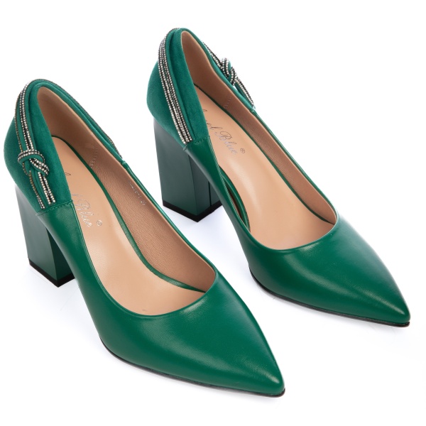 Pantofi Eleganti din Piele Ecologica cu toc Gros CRL0730 Verde - Img 2