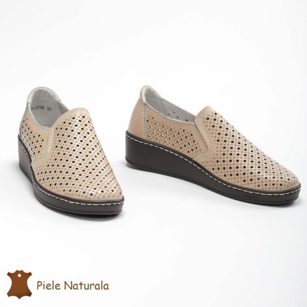 Pantofi Perforati dama din Piele Naturala cu mici perforatii CRL0193 BEJ - Img 3
