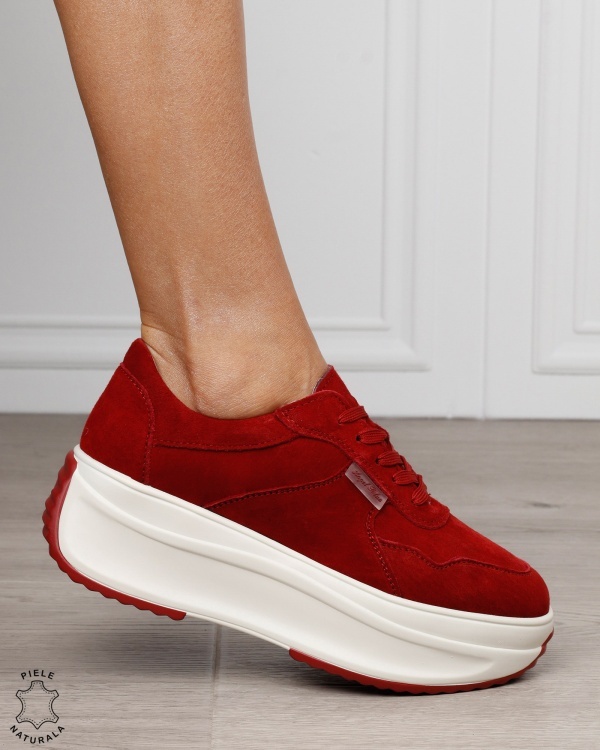 Pantofi sport damă din piele naturală întoarsă cu talpă înaltă CRL1862 ROSU - Img 2