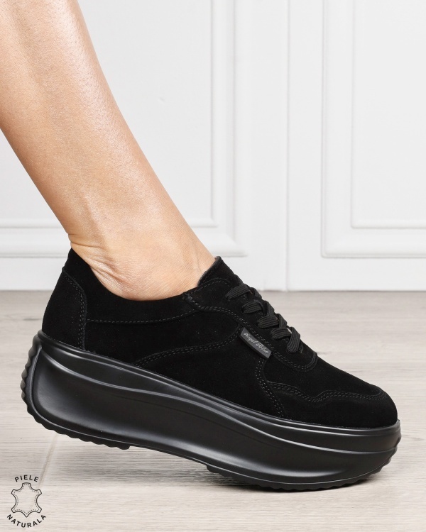 Pantofi sport damă din piele naturală întoarsă cu talpă înaltă CRL1862 NEGRU - Img 2