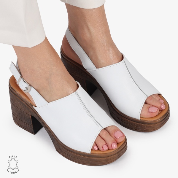 Sandale DAMA DIN PIELE NATURALA CU TOC GROS CRL1409 ALB - Img 2
