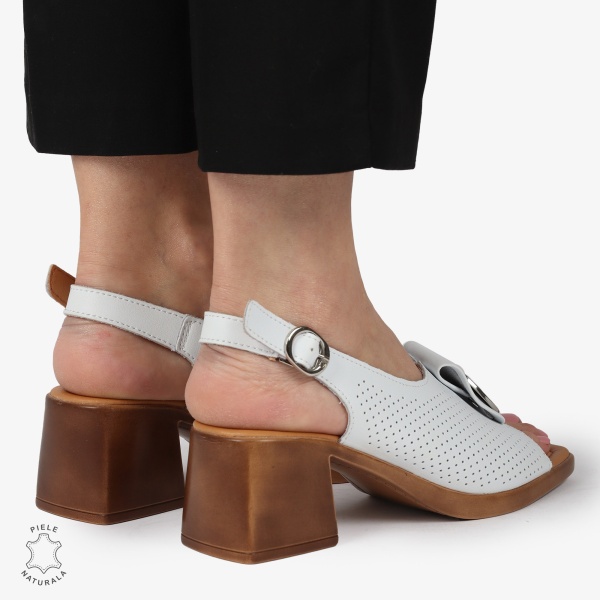 SANDALE dama din Piele Naturala PERFORATA CU TOC PATRAT SI CATARAMA CRL1370 ALB - Img 4