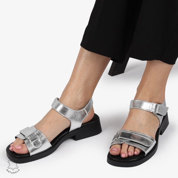 SANDALE Dama Piele Naturala CU INCHIDERE VELCRO CONFORTABILE CRL1373 ARGINTIU - Img 5