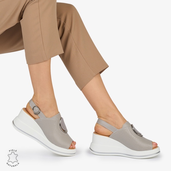 SANDALE Dama Piele Naturala CU TALPA INALTA SI ACCESORIU METALIC CRL1046 Culoare: GRI - Img 3