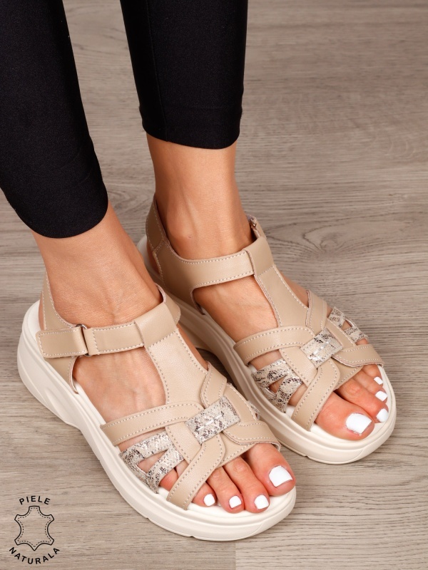 SANDALE Dama Piele Naturala cu talpa usor inalta CRL1603 KHAKI - Img 2